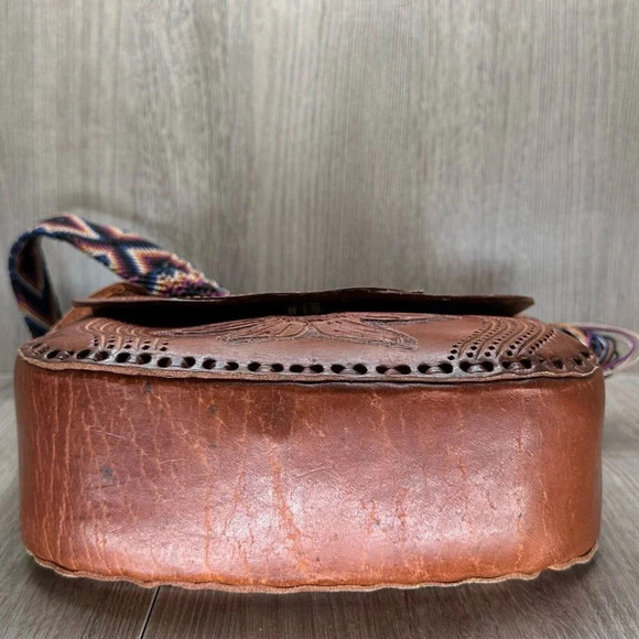 Womens Handbag Boho Leather Floral Tooled Embossed Purse Mini Sling Tan Brown - Picture 6 of 12